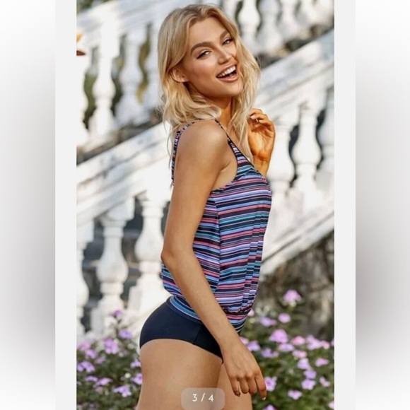 Walk On Beach STRIPE  Print Two Piece Tankini Swimsuit - Multicolor Size: XL NEW - Picture 4 of 12